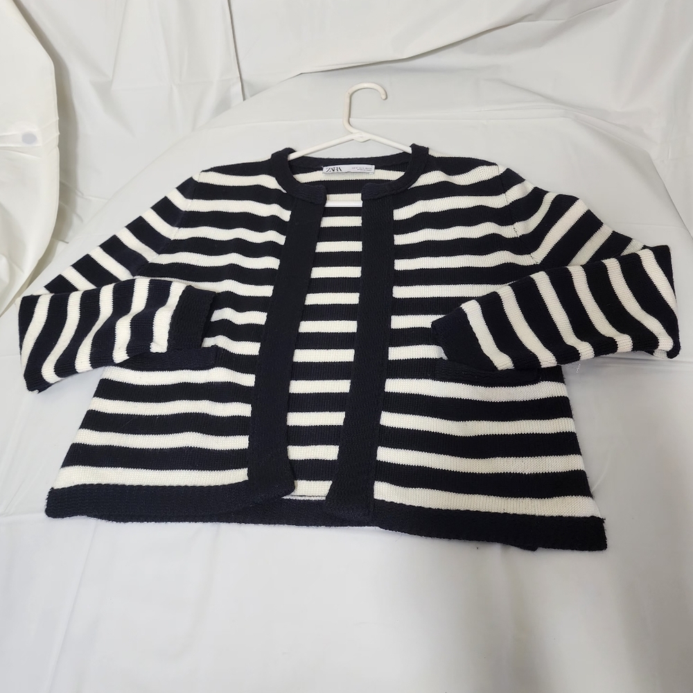 Zara Sweater Navy Wht Stripe Pockets Preppy Nautical Academia Lagenlook Nordic